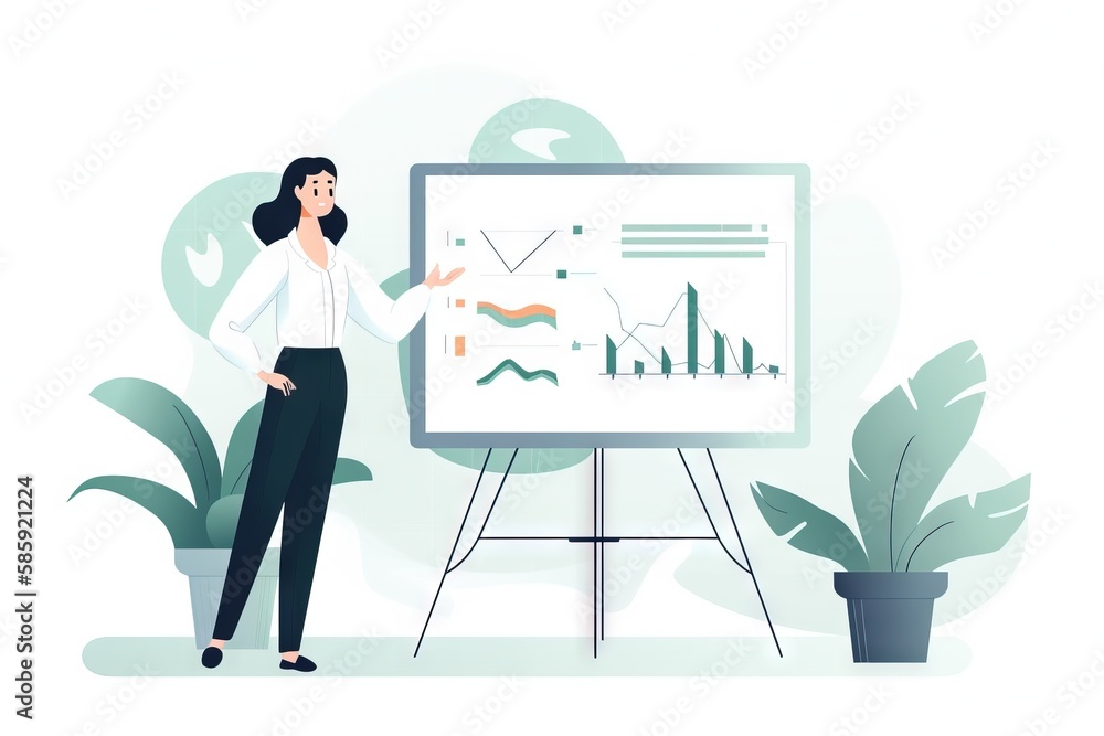 Poster a woman standing in front of a whiteboard with a chart on it and pointing to the chart on the board 