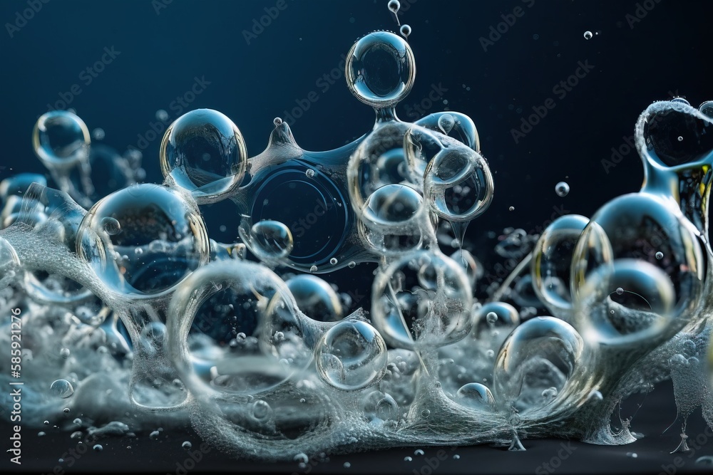 Poster a group of bubbles floating on top of a black surface with water droplets on it and a black backgrou