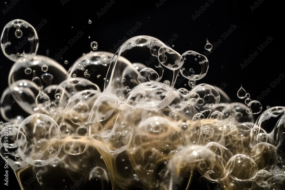 Poster a bunch of bubbles that are floating in the air on a black background with a black background and a 