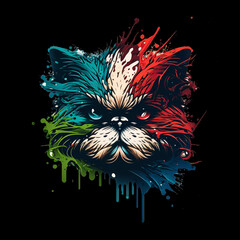 Colorful, minimalistic Grumpy Cat logo. Cool Grumpy Cat sticker. Grumpy Cat t-shirt template. Bright colors, cartoon style Created with Generative AI