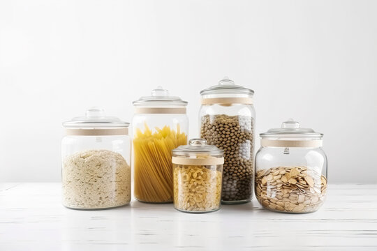 Photo of jars filled with assorted food items for meal preparation or storage. Generative ai