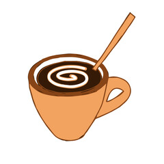 Brown Hand drawing outline vector illustration of cup of cappuccino with stirred spiral milk foam and spoon isolated on a white background