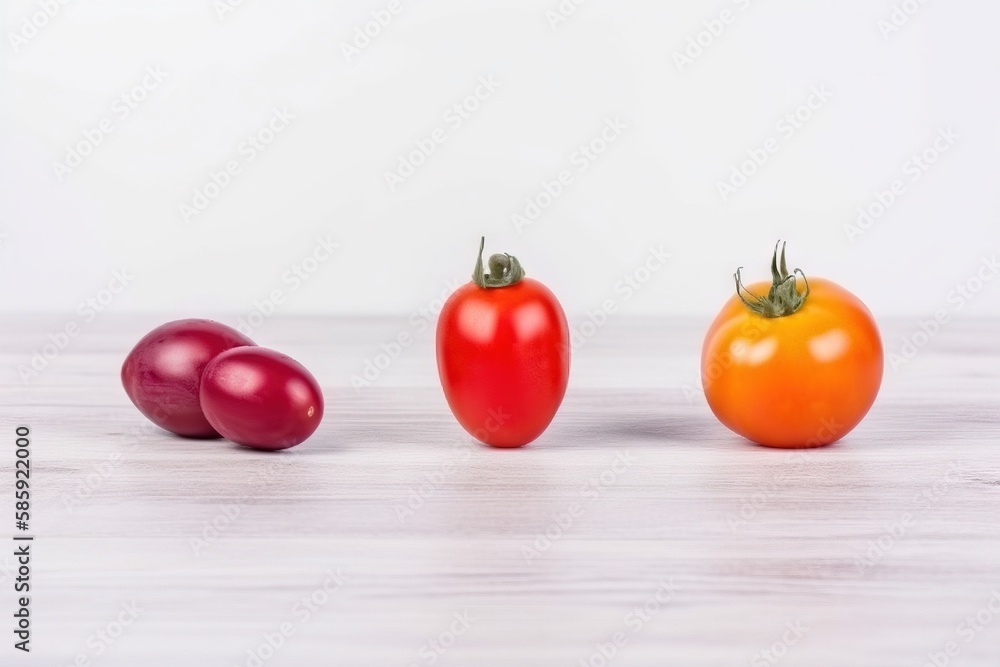 Poster a group of three tomatoes and three eggplant on a white surface with a white background and a few re