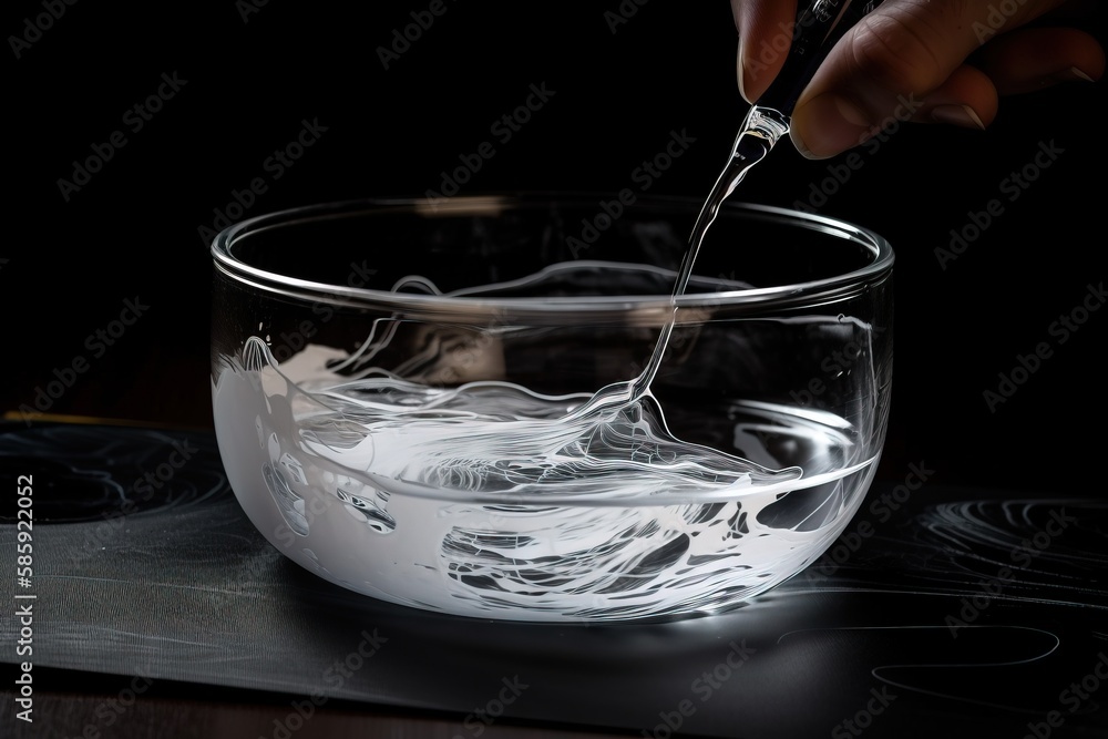 Poster a person is cutting something into a bowl with a knife and a fork on a black surface with a black ba