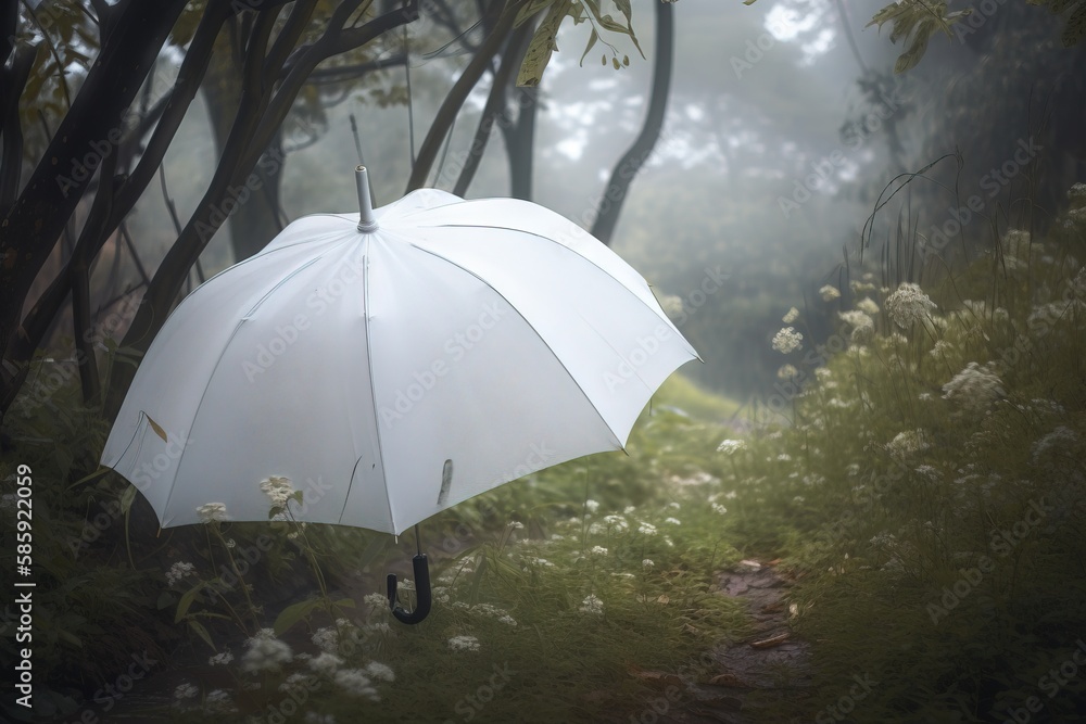 Poster a white umbrella in the middle of a forest with white flowers and trees in the background and a path