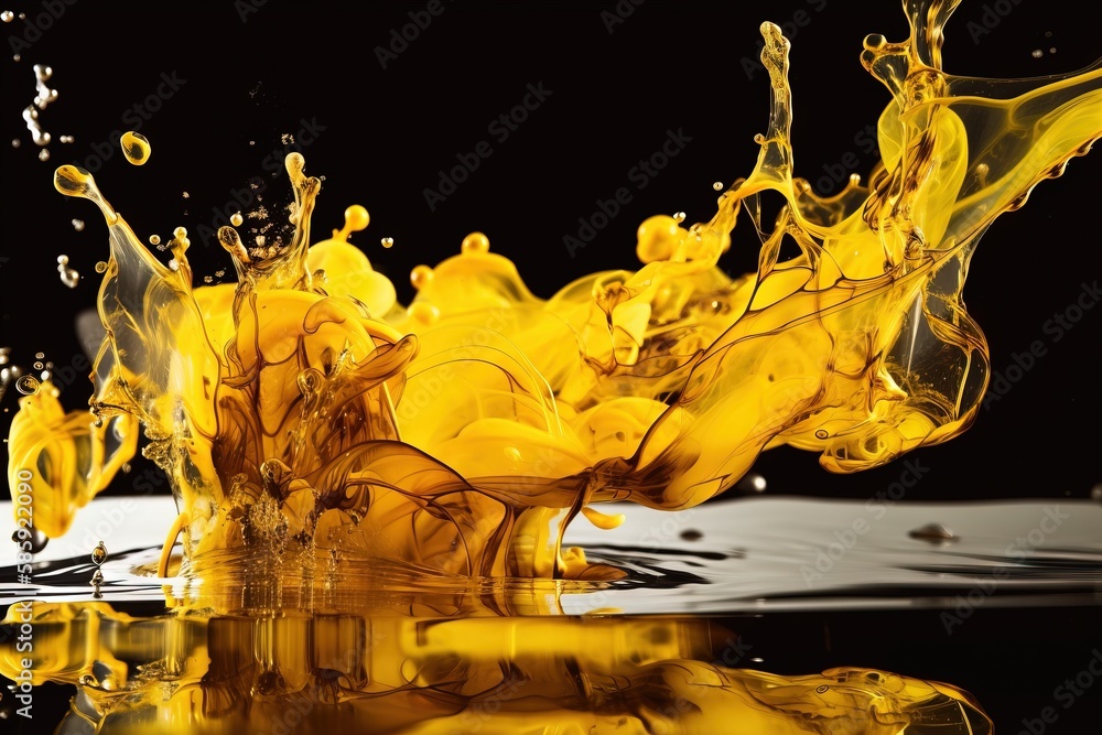 Poster a yellow liquid splashing into the water on a black background with a reflection of the water and it
