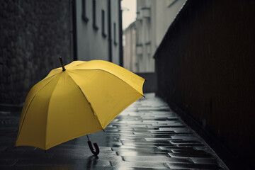  a yellow umbrella sitting on the side of a street next to a building on a rainy day in the rain with no umbrellas on the ground.  generative ai