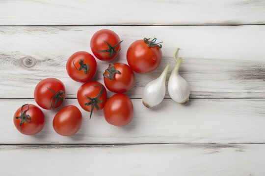  a bunch of tomatoes and garlic on a white wooden table with a white background and a white wooden table with a white painted planked surface.  generative ai