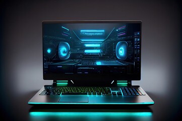 Gamer Laptop Glowing Neon With Black Background Generative AI