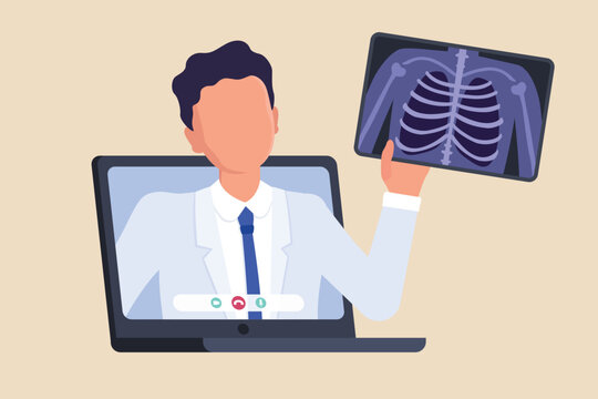 Male doctor Examines an X-ray of a patient's lungs during online consultation by laptop. Pulmonologist consults online by video call. MRI or Radiology Diagnostics ribs and bone. E-health concept