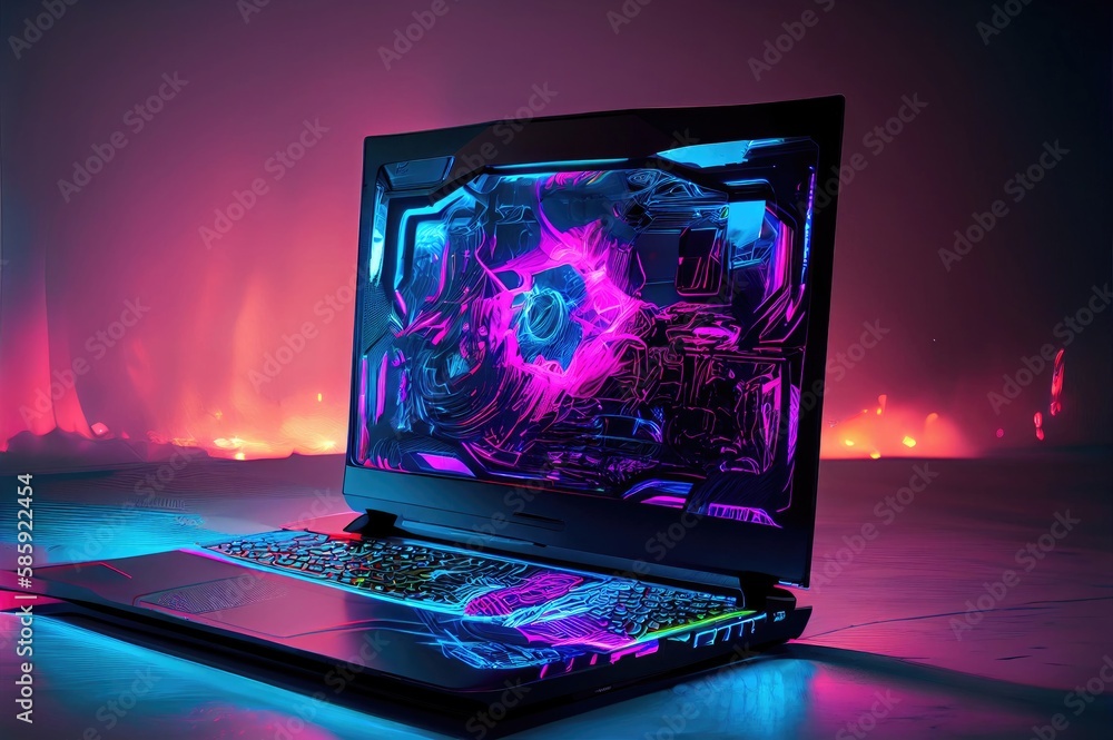 Poster gaming laptop neon with empty background generative ai