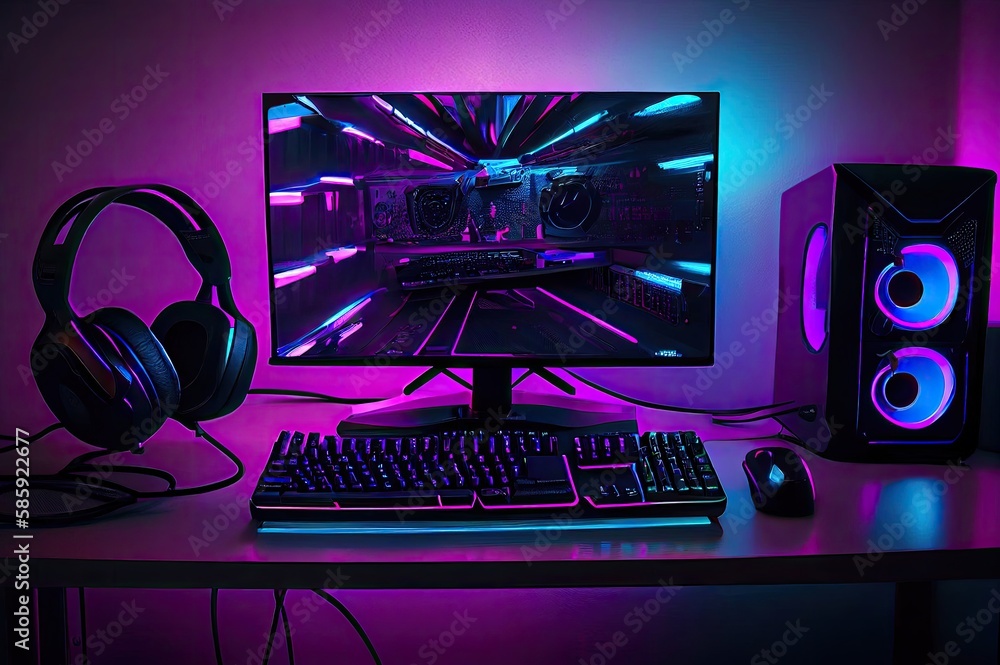 Poster gamer computer system glowing neon with copy space generative ai