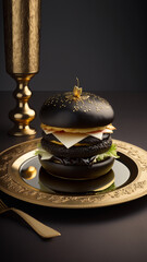 Burger with black bread served on golden plate for aristocratic and noble party, decoration for celebrations by generative AI