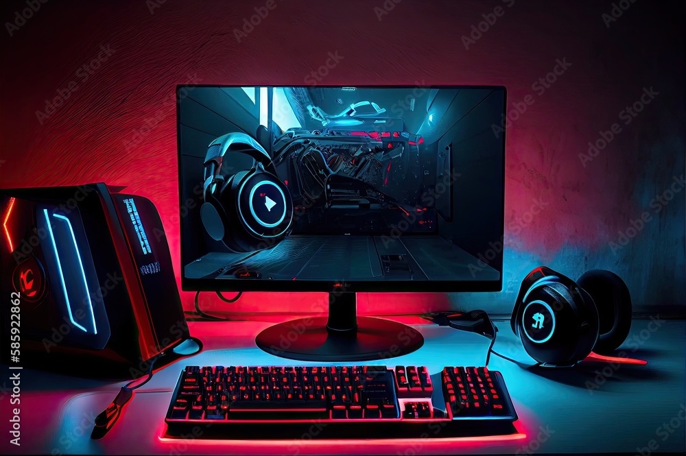 Poster gaming computer system glowing neon with empty background generative ai