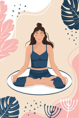 A card or  poster with Relaxing, calm woman training yoga lotus asana Sukhasana, Easy Pose,  vector illustration