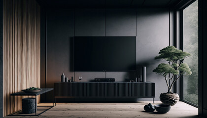 Fototapeta na wymiar Minimalistic TV zone with black console in modern interior design, Generative AI