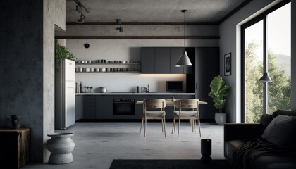 Loft design stylish kitchen interior with sofa and dining area,  Generative AI