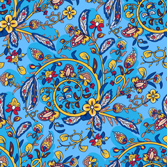 Tribal seamless floral pattern. Chain of flowers and leaves.Texture Indian motifs on a blue background. Template for textile, paper, wallpaper.
