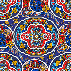 Turkish floral seamless pattern. Paisley folck vector background using mandala. Fantasy decorative repeating tiles with tropical flowers and leaves. Festivale style.