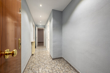 Entrance hall of a house with a long hallway with blue-gray painted walls