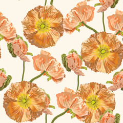 Illustration of floral seamless. Yellow, beige group and isolated poppies on a white background.  California Poppy, Iceland poppy pattern.