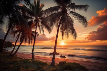 The Colors of the Sky: A Beach Sunset with Palm Trees as a Backdrop