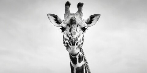 Black and white close up portrait of a giraffe, light background, white background, Generative AI