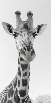Black and white close up portrait of a giraffe, light background, white background, Generative AI