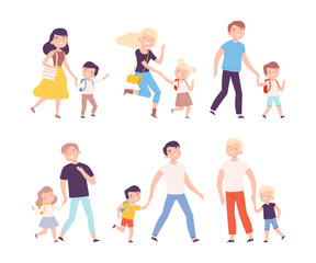 Parents Accompanying Their Children to School or Kindergarten Vector Set