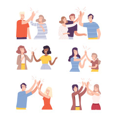 Happy People Characters Giving High Five to Each Other Vector Illustration Set