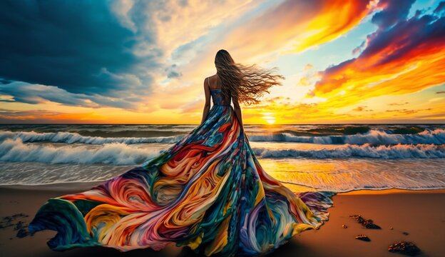 Rear view of a young woman in colorful dress standing in the beach with beautiful sky. generative AI