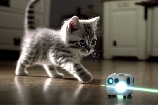 robotic kitten chasing laser pointer indoors, created with generative ai