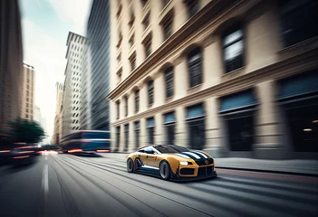 Foto op Plexiglas Car fast moving along street. AI generated illustration © vector_master