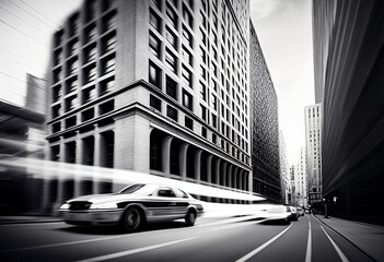 Car fast moving along street. AI generated illustration