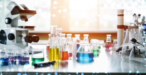 Lab Test Lab glassware in chemical medical laboratory background, science laboratory research and development concept. Generative AI