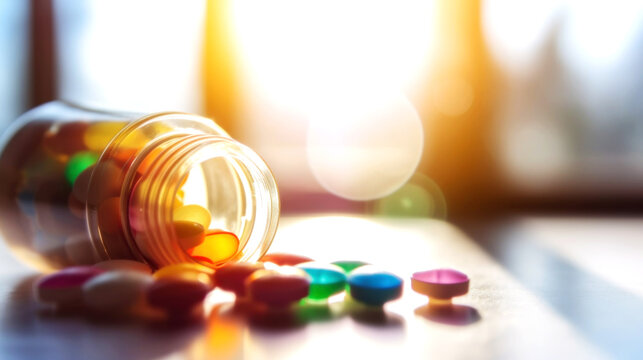 Prescription Medication In Pharmacy Vials - Multicolor Tablets And Pills Capsules From Glass Bottle On Doctor Table Health Care Close-up. Generative AI