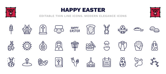 set of happy easter thin line icons. happy easter outline icons such as candy, cemetery, bread', buns, wreath, gift box, happy easter, bible, day, willow vector.