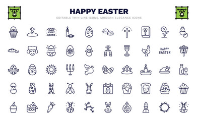 set of happy easter thin line icons. happy easter outline icons such as muffin, happy easter, cross, bread, ribbon, egg, hatch, pie, vector.