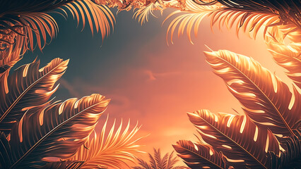 Fototapeta na wymiar Copy space of silhouette tropical palm tree with sun light on sunset sky and cloud abstract background. Summer vacation and nature travel adventure concept. Vintage style. generative AI