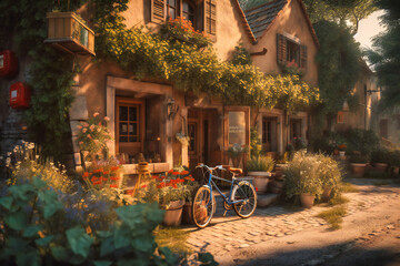 Naklejka na ściany i meble A bike ride through a quaint European village with historical architecture