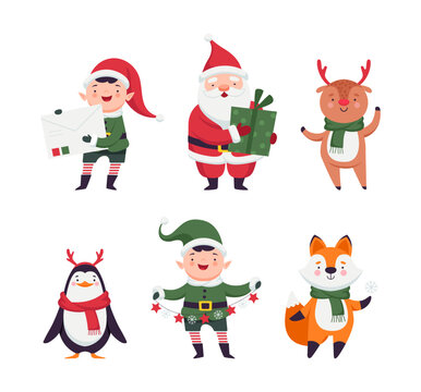 New Year Characters with Santa Claus, Elf, Reindeer, Fox and Penguin Vector Set