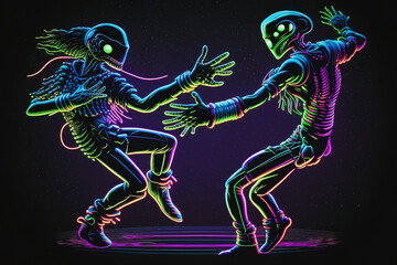 Dancing aliens on solid dark background. Synthwave style. Generative AI