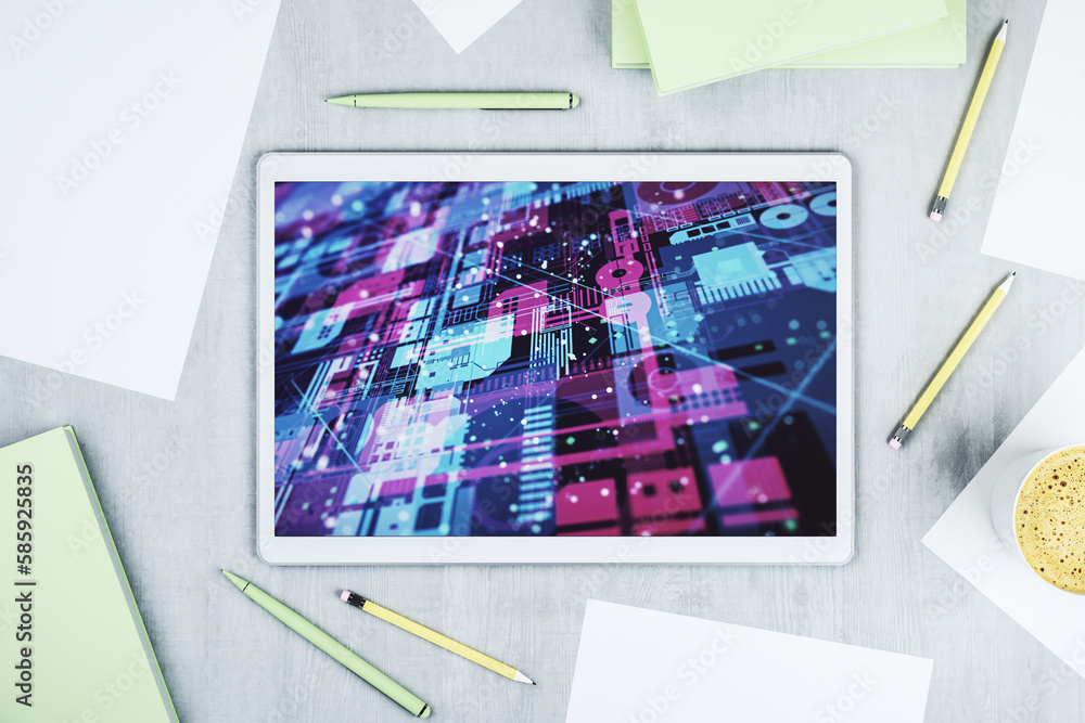 Fototapete Abstract creative coding illustration on modern digital tablet display, software development concept. Top view. 3D Rendering