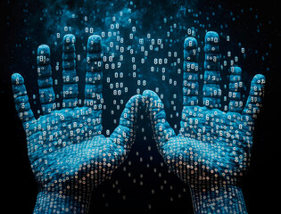 The hands reaching upwards in the photo symbolize data being stored and accessed in the cloud - 585925845