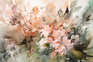 liquid flower elegance, beautiful abstract background with blossom flower and leaves in pastel tones, Generative AI technology
