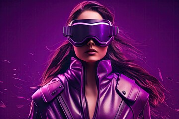 Purple Background Younger Female With Virtual Reality Headset And Copyspace Generative AI