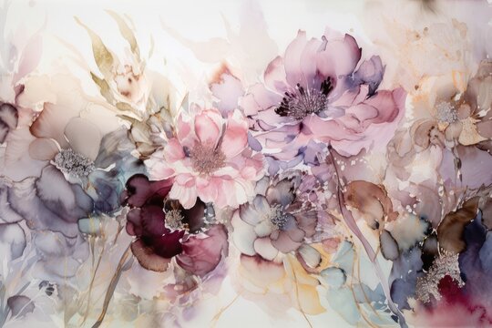 Watercolor paint, combination of gorgeous blossom flowers, famous abstract background created using AI technology