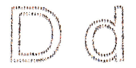 Concept or conceptual large community of people forming the font D. 3d illustration metaphor for unity and diversity, humanitarian, teamwork, cooperation, education, friendship and community