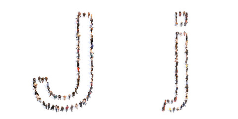 Concept or conceptual large community of people forming the font J. 3d illustration metaphor for unity and diversity, humanitarian, teamwork, cooperation, education, friendship and community