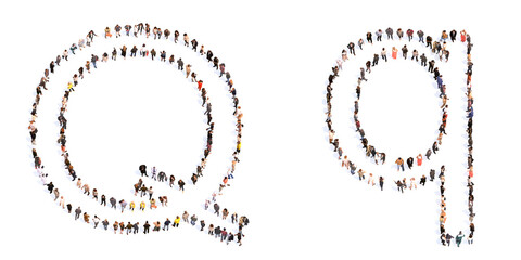 Concept or conceptual large community of people forming the font Q. 3d illustration metaphor for unity and diversity, humanitarian, teamwork, cooperation, education, friendship and community